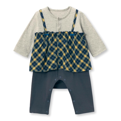 チェック柄ビスチェ前開きカエルロンパース 【ベビー服 長袖】