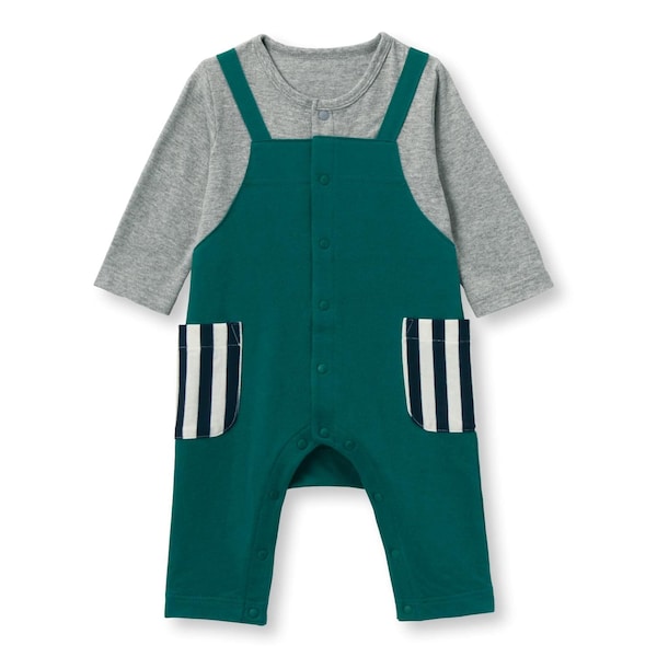 【ベルメゾン】柄ポケット付きサロペット風前開きカエルロンパース 【ベビー服 長袖】