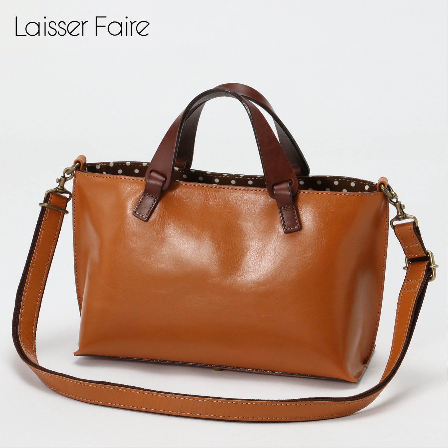 【レッセフェール/Laisser Faire】内生地ドット柄の本革手提げバッグ[日本製](2WAY)