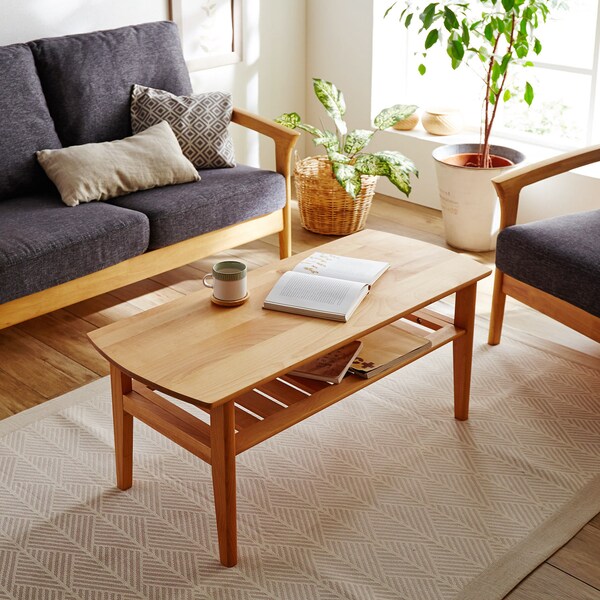 【ベルメゾン】アルダー材を贅沢に使用した棚付きリビングローテーブル