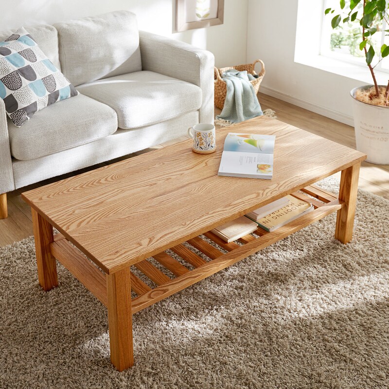 タモ材を贅沢に使用した棚付きリビングローテーブル（ローテーブル  