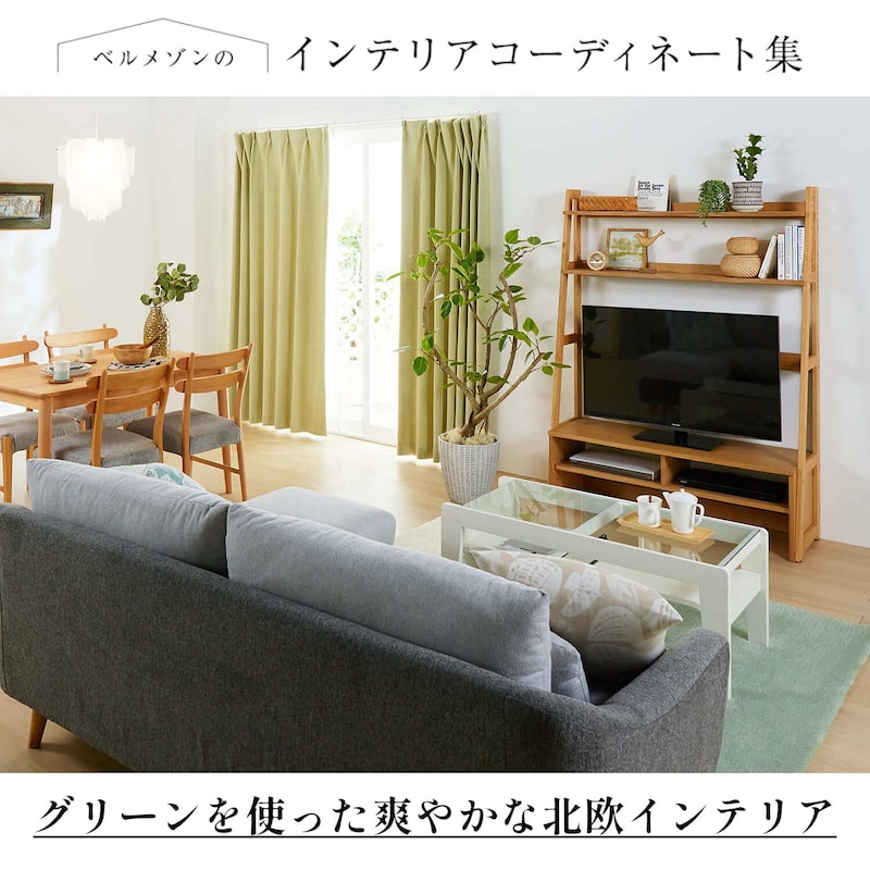 (１)白い壁に緑が映える(２)オシャレなソファーが主役(３)テレビの側に植物を(４)収納もナチュラル
