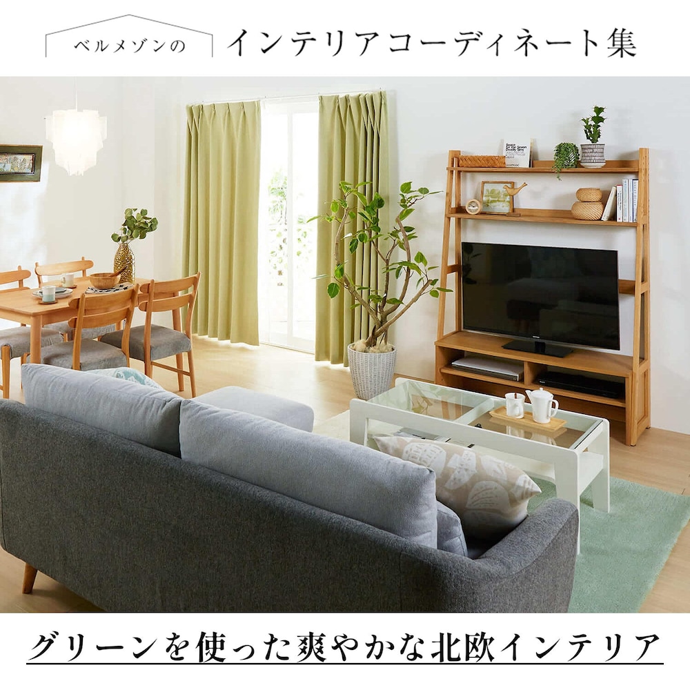 (１)白い壁に緑が映える(２)オシャレなソファーが主役(３)テレビの側に植物を(４)収納もナチュラル