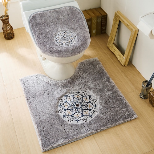 大きな刺繍のモダン柄トイレマット・フタカバー(単品・セット)