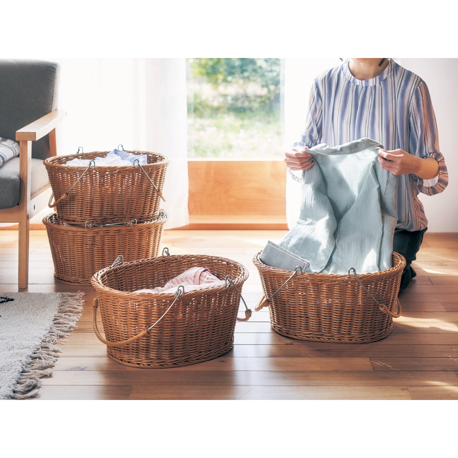 積み重ね・スタッキングできる 洗えるラタン調バスケット 2個セット 「wash rattan」 積み重ね・スタッキングできる 洗えるラタン調バスケット 2個セット 「wash rattan」