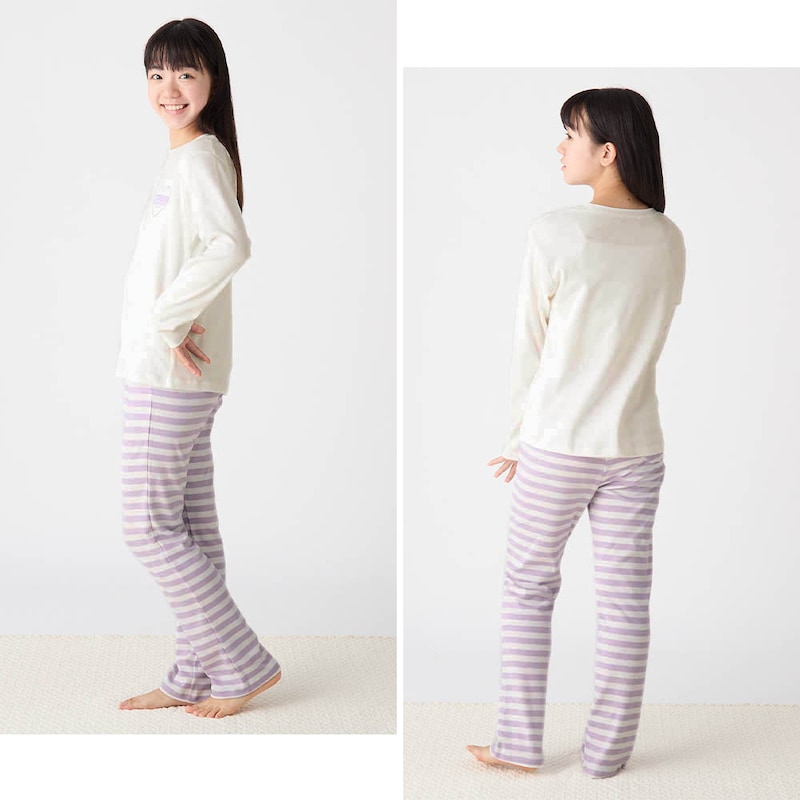 オフホワイト×ラベンダー系ボーダー／モデル身長151.5cm・150サイズ着用