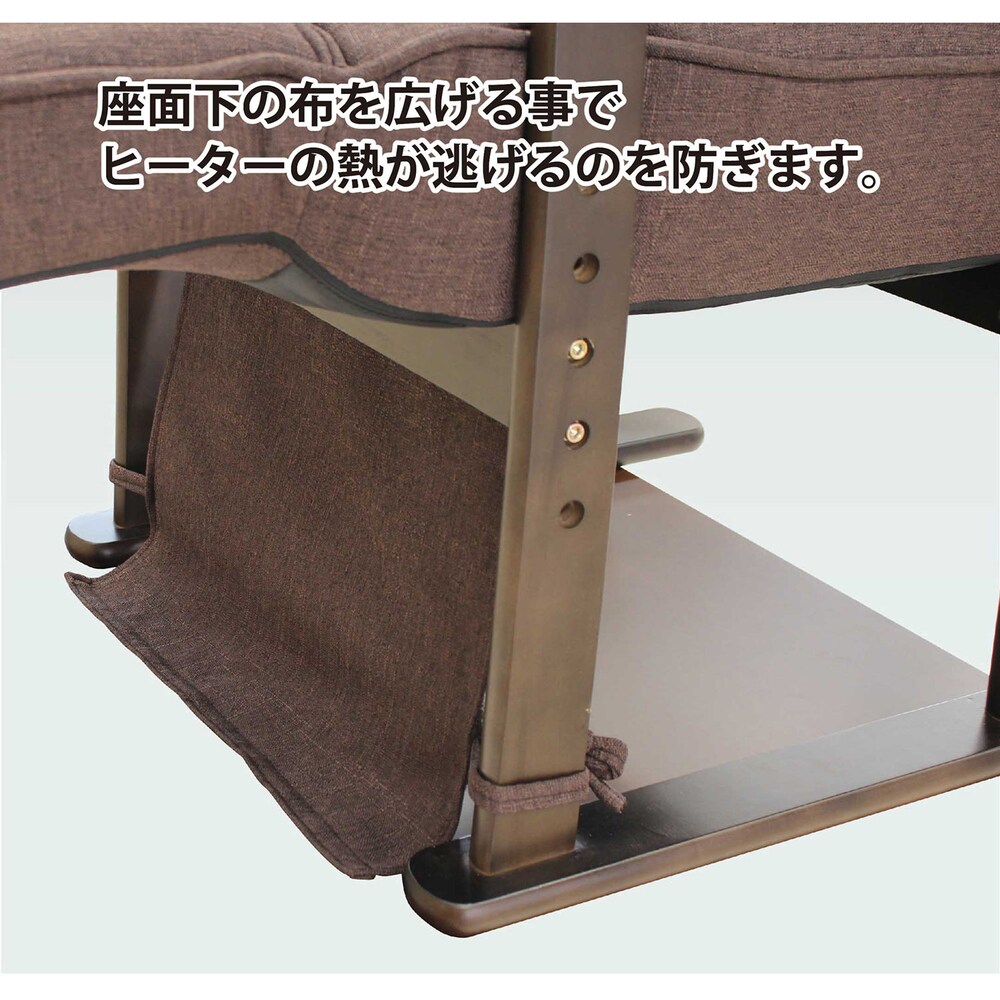 座面下の布を広げる事でヒーターの熱が逃げるのを防ぎます。