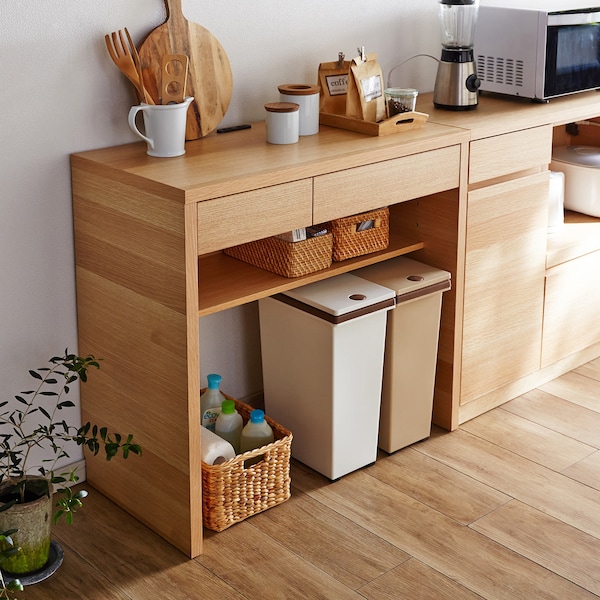 【大雪木工】[日本製]ナラ材の木目が美しいダストボックス上キッチンカウンター