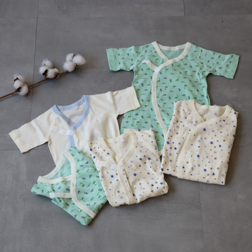 スナップボタン留めソフのびフライス綿素材短肌着3枚・コンビ肌着2枚セット 【ベビー服新生児】