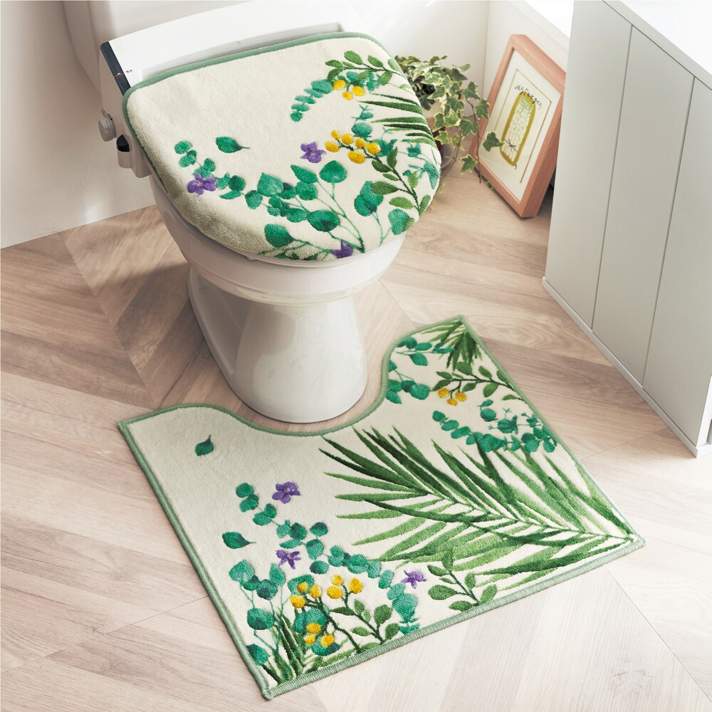 【ベルメゾン】水彩リーフ柄のトイレマット・フタカバー(単品・セット)
