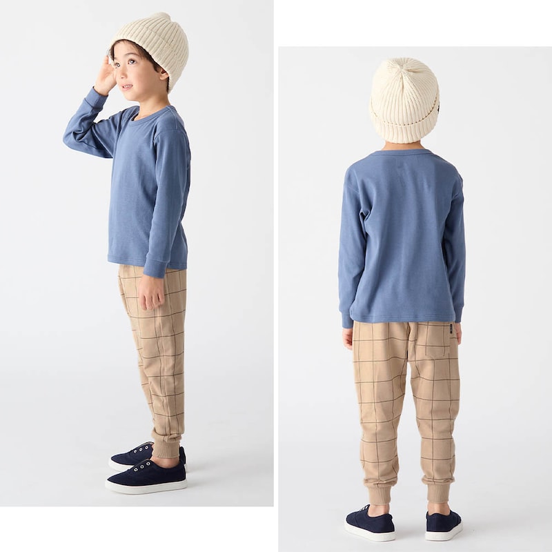 ベージュ系チェック／モデル身長115.5cm・110サイズ着用
