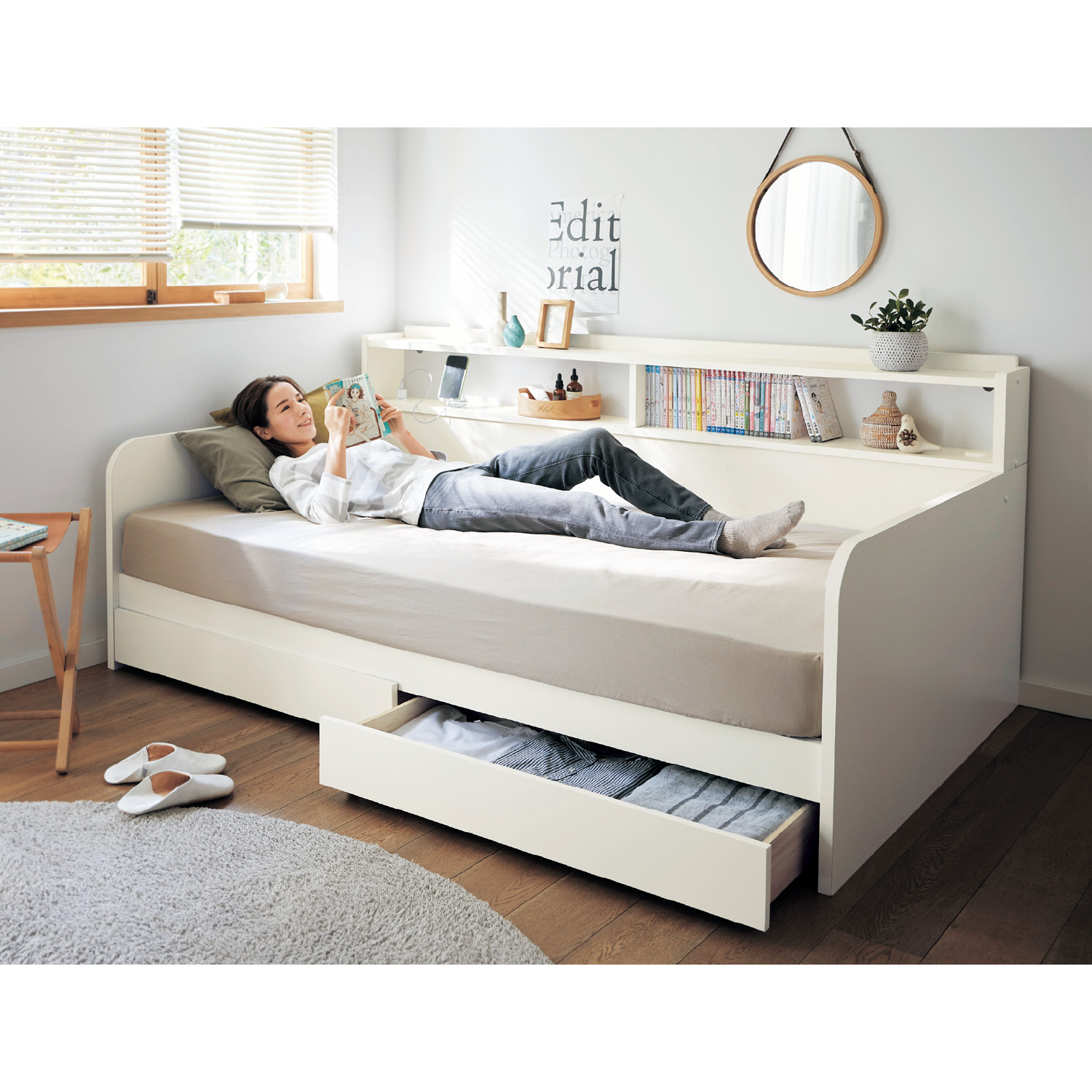 【ベルメゾン】収納力が豊富なソファーにもなるすのこベッド[日本製]