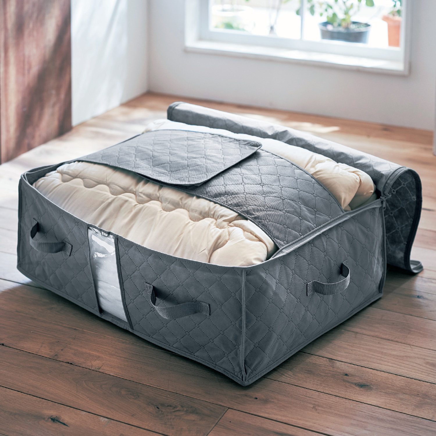 竹炭布団収納ケース <高さ12/25cm>【ベルトで抑えてコンパクト収納】 竹炭布団収納ケース <高さ12/25cm>【ベルトで抑えてコンパクト収納】