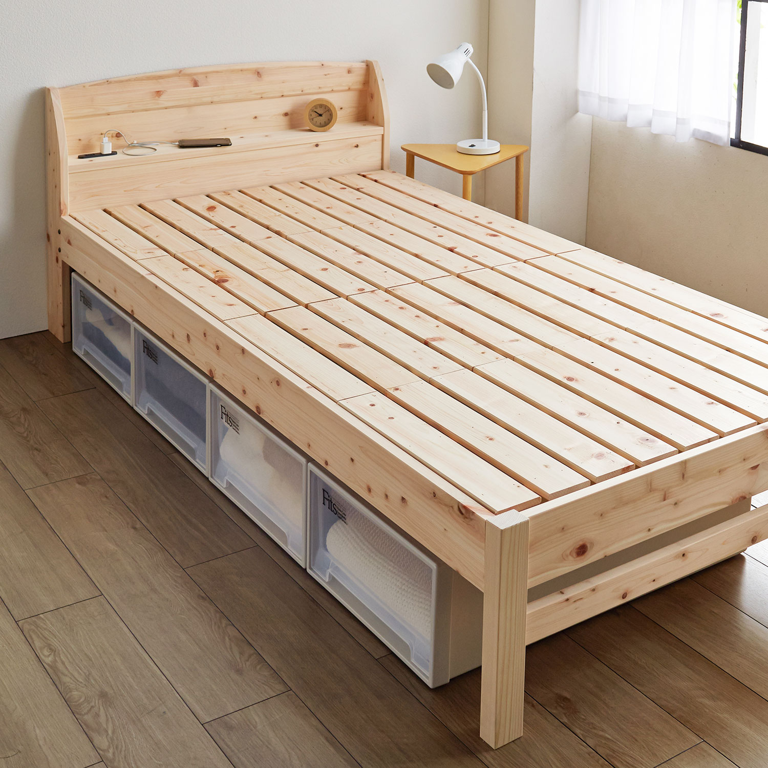 ＜ベルメゾン＞[日本製]国産ひのきの高さ調整式コンセント付き床板すのこベッド画像