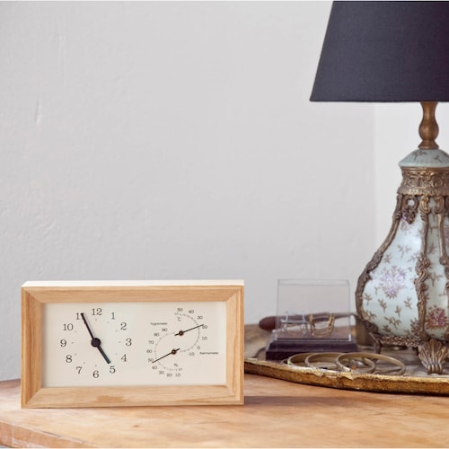 置き掛け可能！木製の置き時計＆温時計＆湿度計「ＦＲＡＭＥ」 ＜２０×１１ｃｍ＞