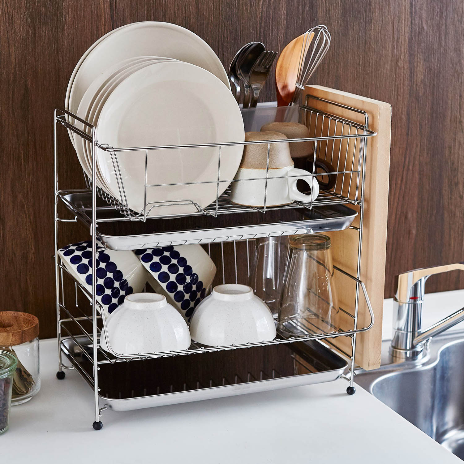 【置き場所を選ばない】2段ステンレス製水切りかご 【置き場所を選ばない】2段ステンレス製水切りかご