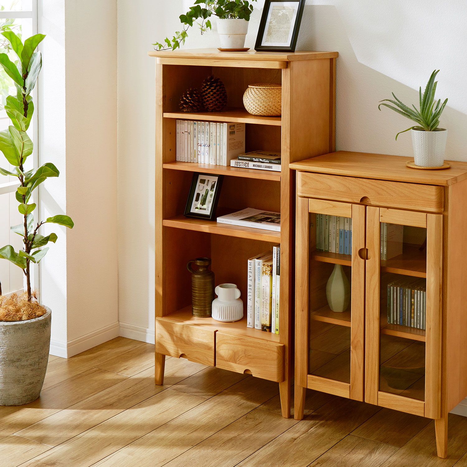 【ベルメゾン】アルダー材を使用した優しい風合いの引出し付きオープンラック