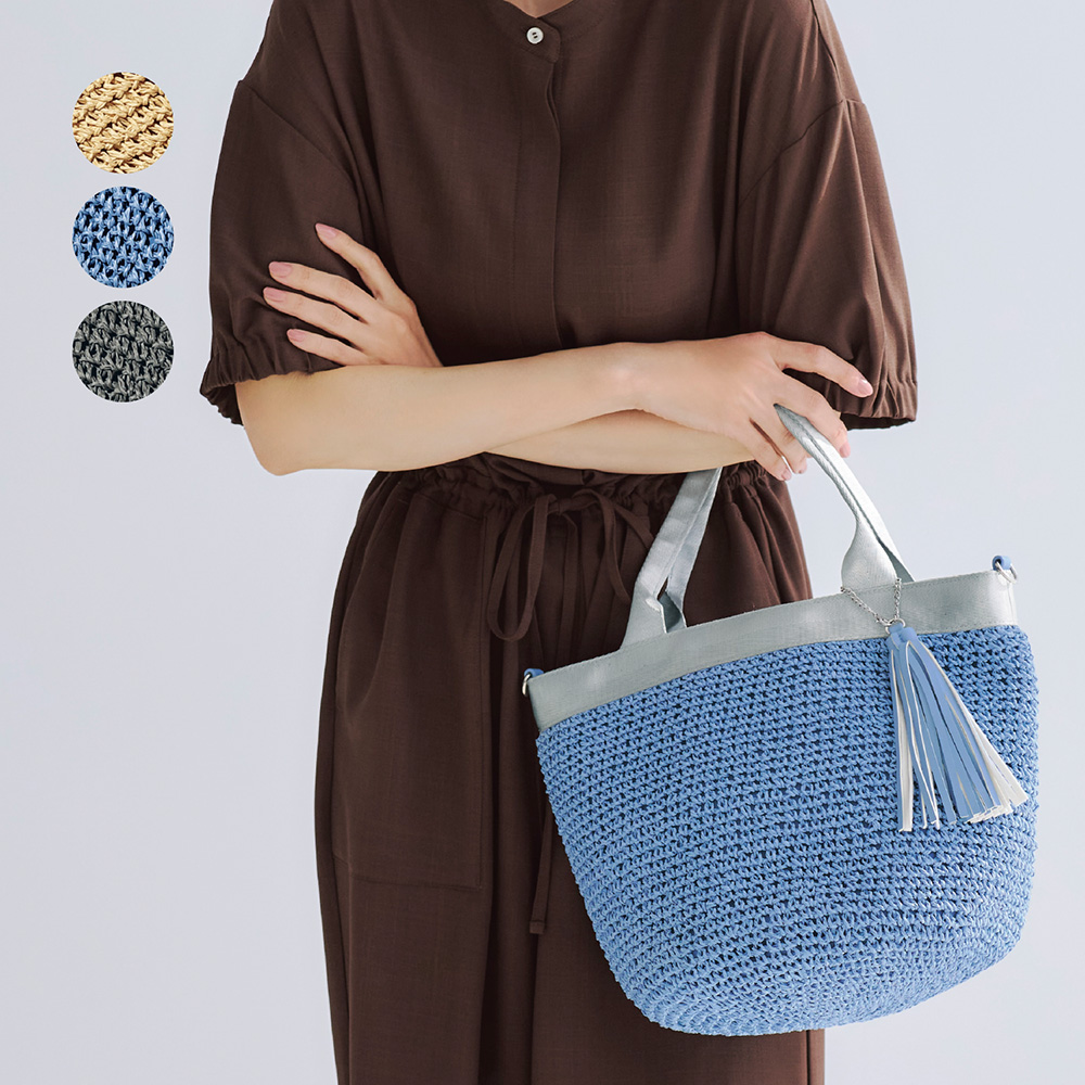 ペーパーメッシュ素材5ポケットかごバッグ(2WAY)【多収納】 ペーパーメッシュ素材5ポケットかごバッグ(2WAY)【多収納】