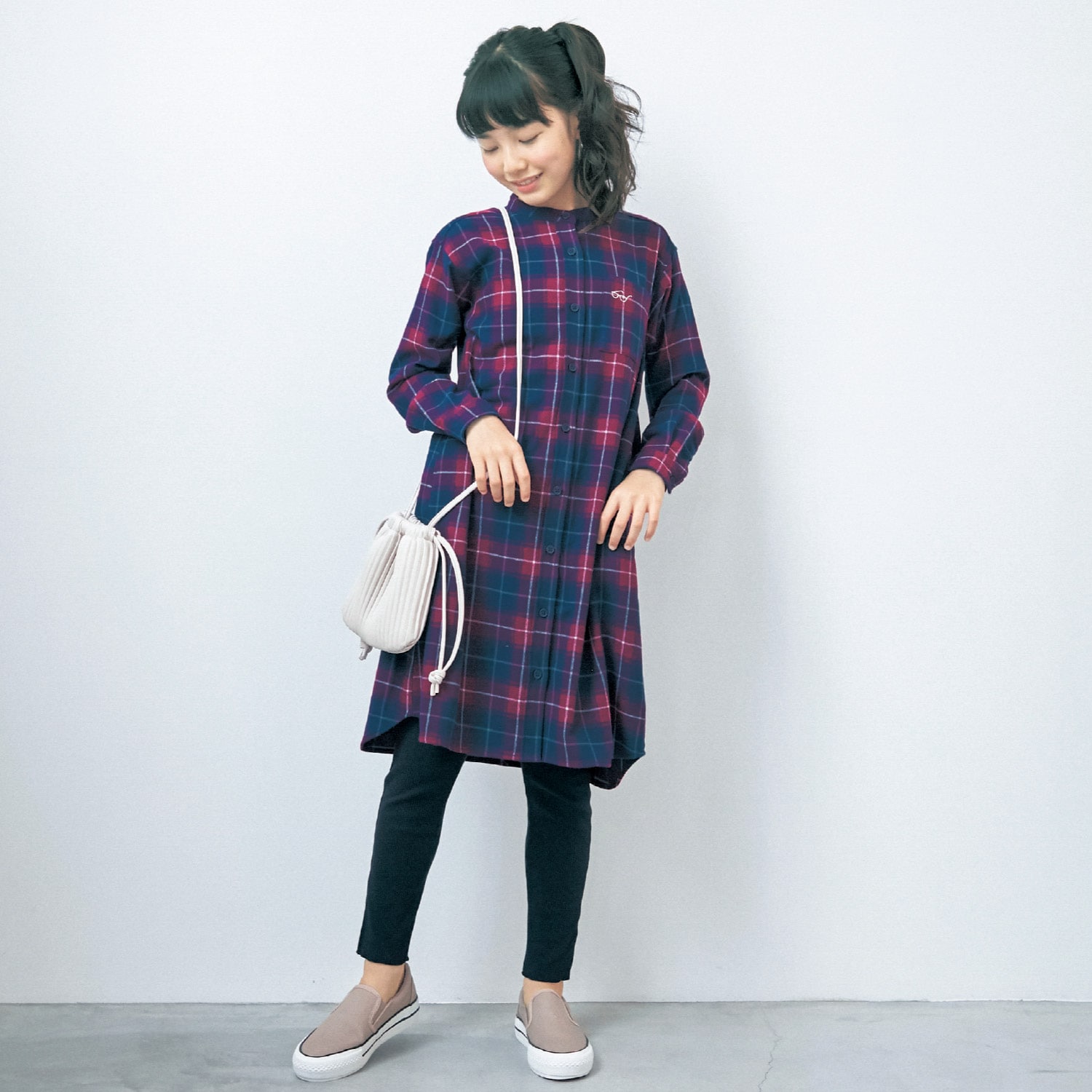 スタンドカラーチェックシャツワンピース（子供服 ワンピース