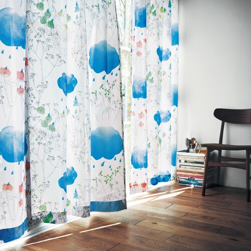 恵の雨と花々を描いた北欧デザインのUVカット・遮熱・遮像ボイルカーテン 【2枚組】【1枚】