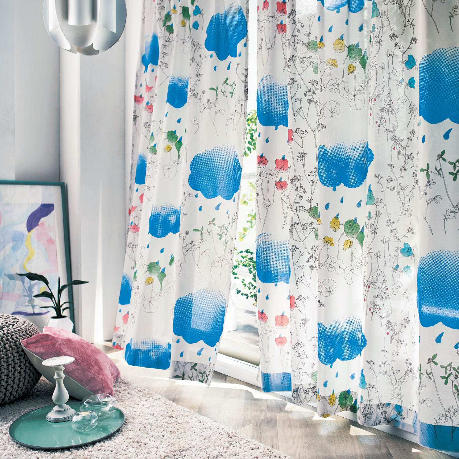 【ベルメゾン】【58サイズ】 恵の雨と花々を描いた北欧デザインのUVカット・遮熱・遮像ボイルカーテン