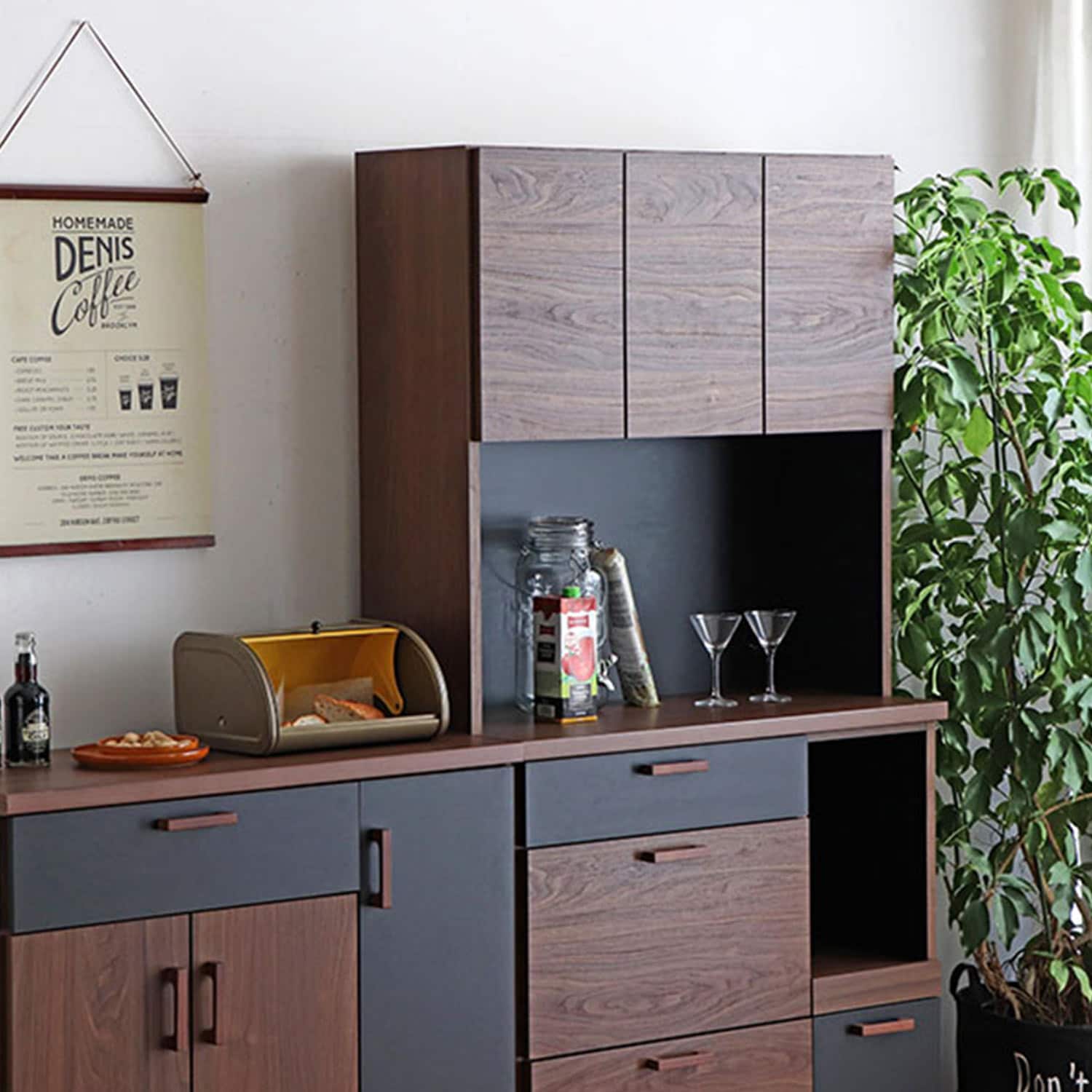 日本製］モダンスタイルの木目調キッチンボード（食器棚/キッチン