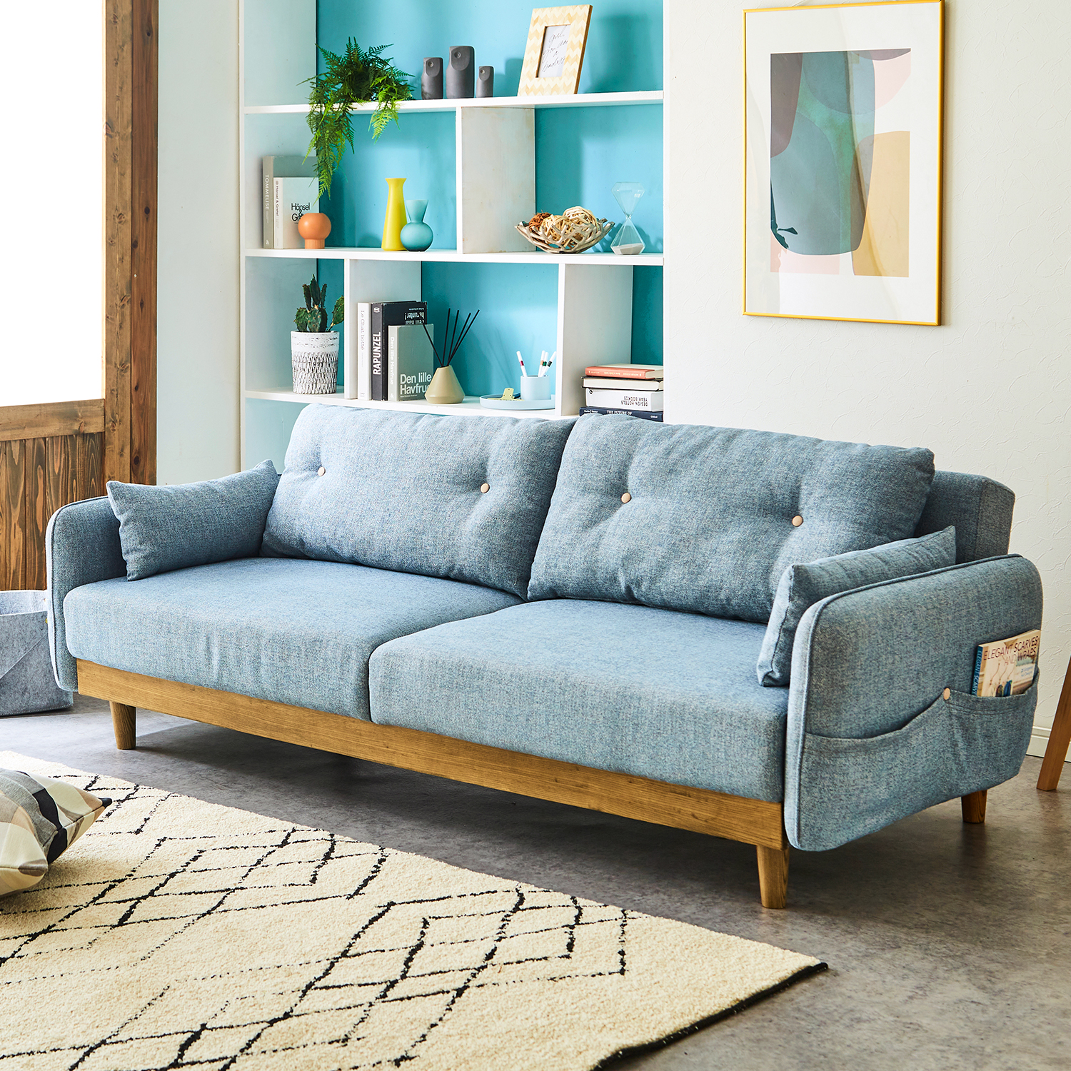 【ベルメゾン】木飾りデザインのクッション付きソファーベッド