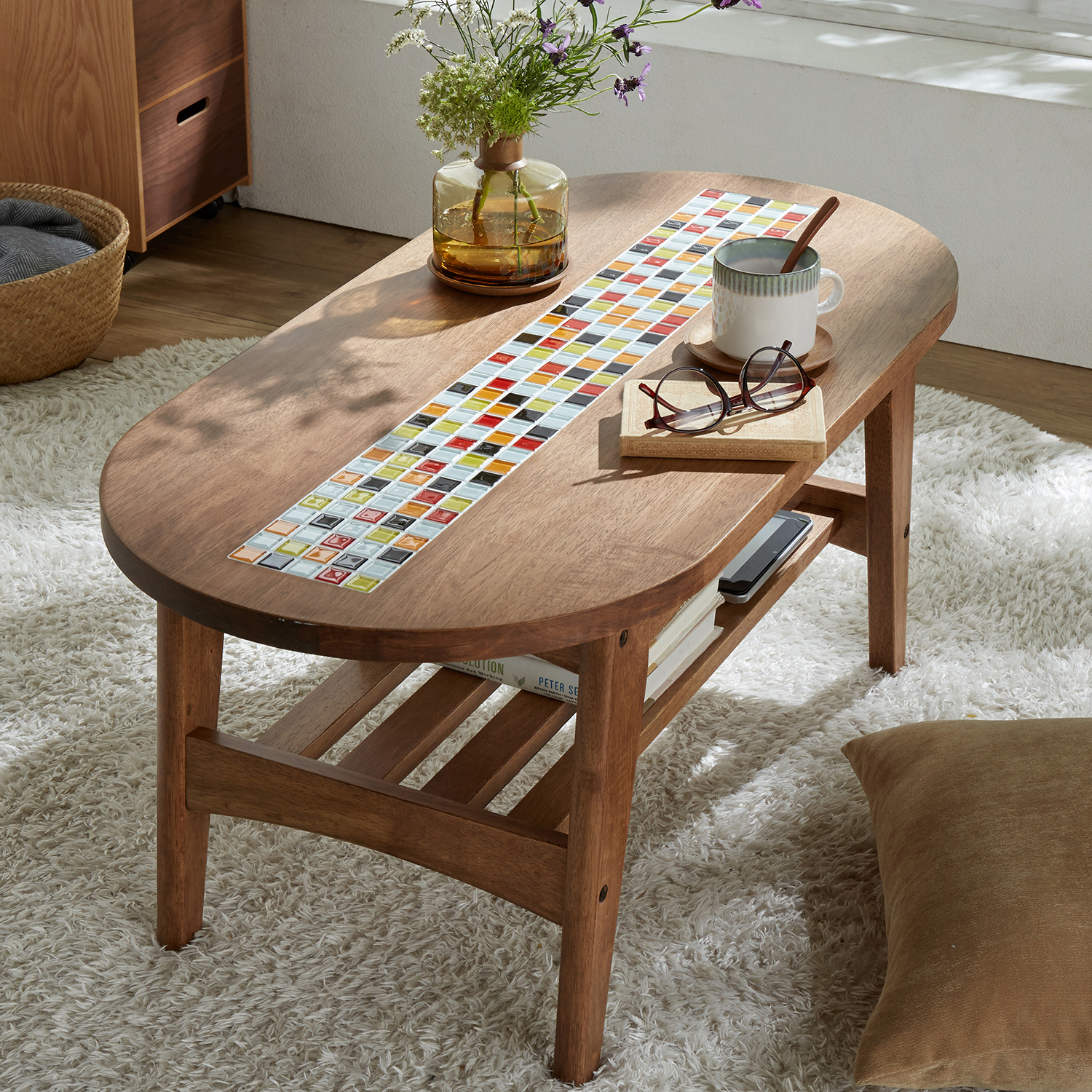 天然木のタイルが可愛い棚付き楕円形リビングローテーブル 通販のベルメゾンネット 天然木のタイルが可愛い棚付き楕円形リビングローテーブル 通販のベルメゾンネット