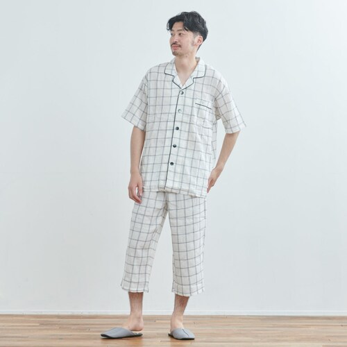 メンズ ストレッチガーゼ格子半袖×７分丈パンツパジャマ
