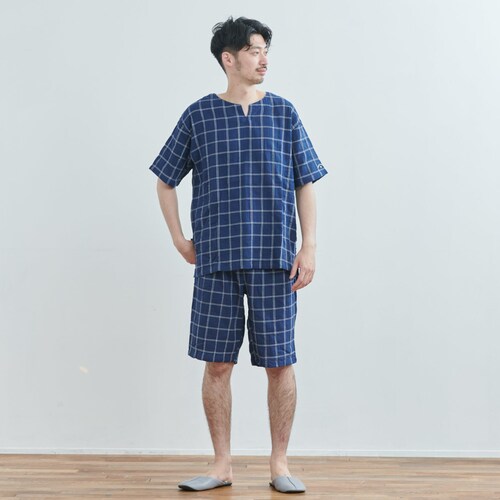 メンズ ストレッチガーゼ半袖スキッパーシャツ×７分丈パンツパジャマ