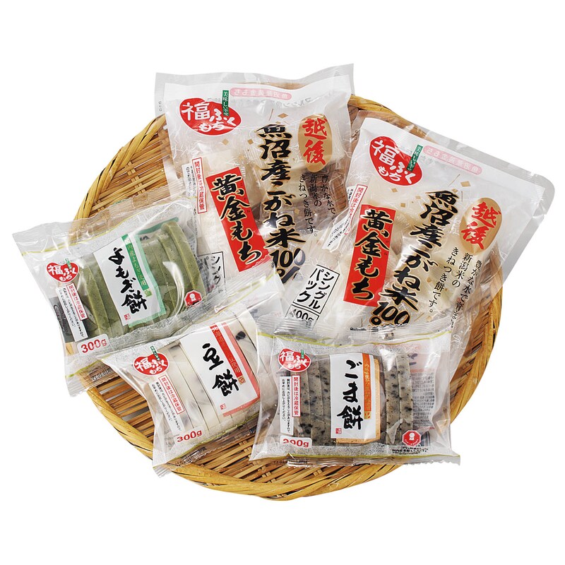 魚沼産黄金餅(400g)×2袋、豆餅・よもぎ餅・ごま餅：各300g×1袋をお届けします。
