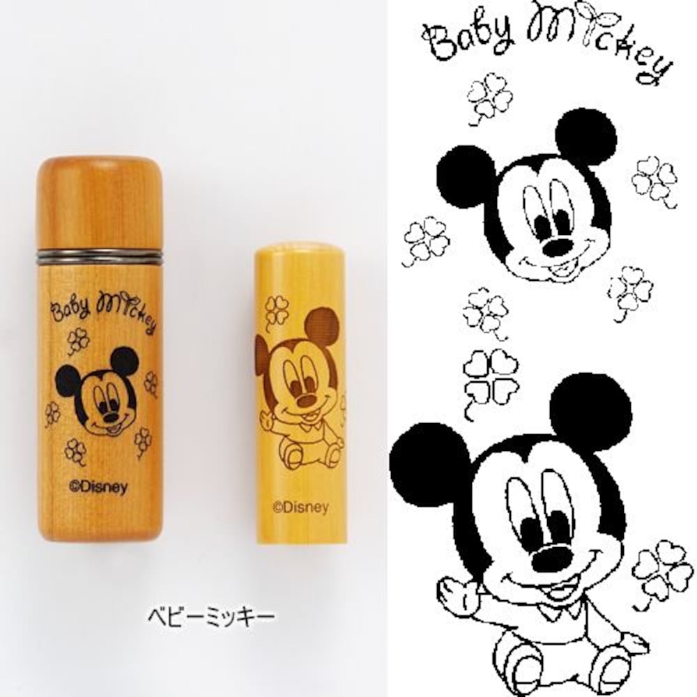 天然木(あかね材)の本体にディズニーの人気キャラクターが彫ってある印鑑レーザーによって深さに差をつけて彫り、さらに色を付けることで微妙な陰影をキャラクターのデザインはベビーミッキー、ベビーミニー、ベビ
