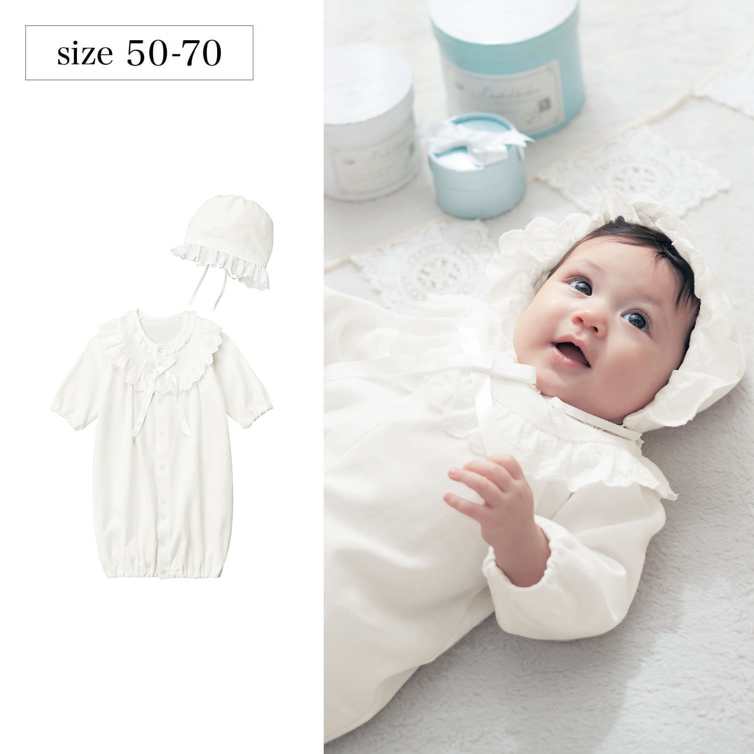 フード付き綿レース使いスムースドレスオール 【ベビー服 新生児】