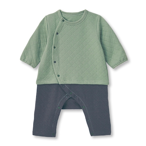あったかニットキルトレイヤード風長袖前開きカエルロンパース 【ベビー服 長袖】