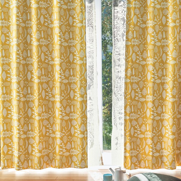 【ベルメゾン】【99サイズ】 北欧調手描きタッチリーフ柄デザインの遮光カーテン