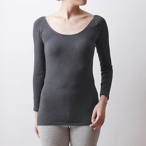 【新色追加】 綿混あったかインナー・ワイドネック九分袖レディース