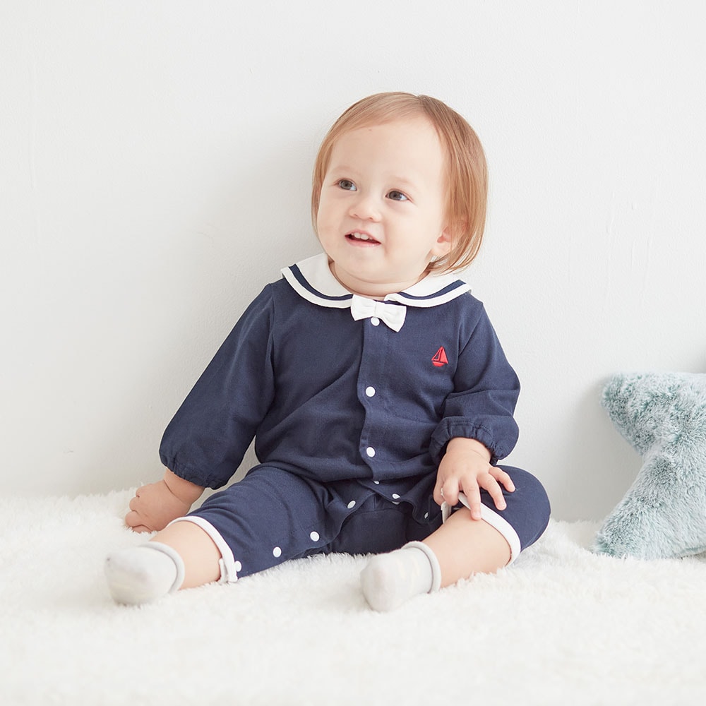 セーラー襟前開きカエルロンパース（ベビー服 カバーオール/ロンパース
