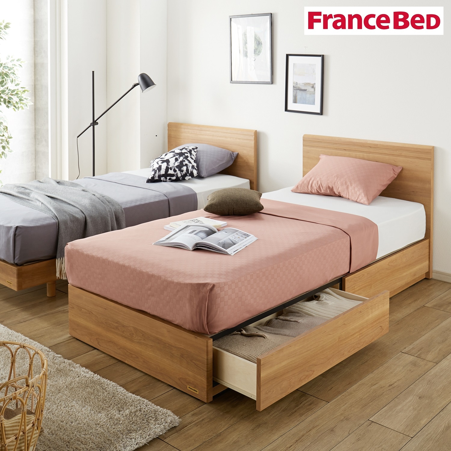 【フランスベッド】シンプル引出し収納付きすのこベッド画像