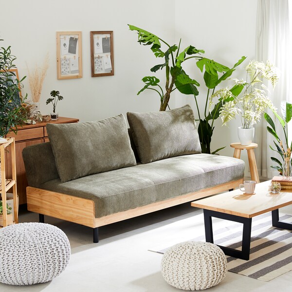 【ベルメゾン】ゆったりくつろげる木フレームデザインのクッション付きソファーベッド