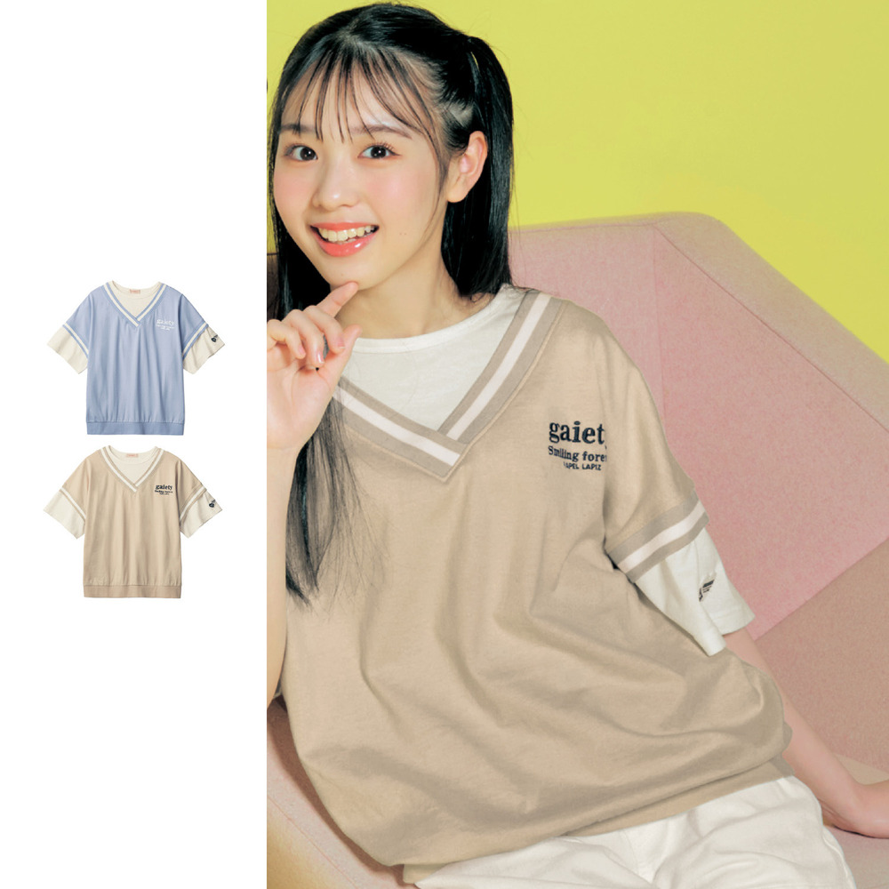 【パペル ラピス/Papel lapiz】バックレースアップレイヤード風綿素材半袖Tシャツ 【子供服】 【パペル ラピス/Papel lapiz】バックレースアップレイヤード風綿素材半袖Tシャツ 【子供服】