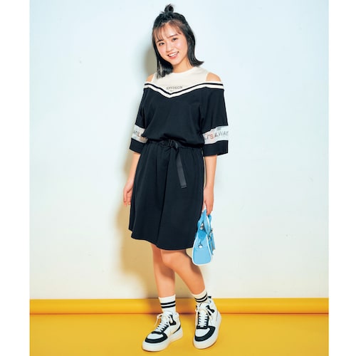 ベルトデザインオフショル半袖ワンピース 【子供服】