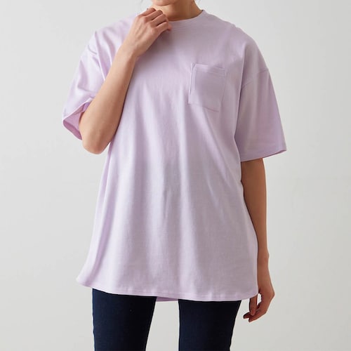 ドロップショルダー裾ラウンド半袖ポケットTシャツ
