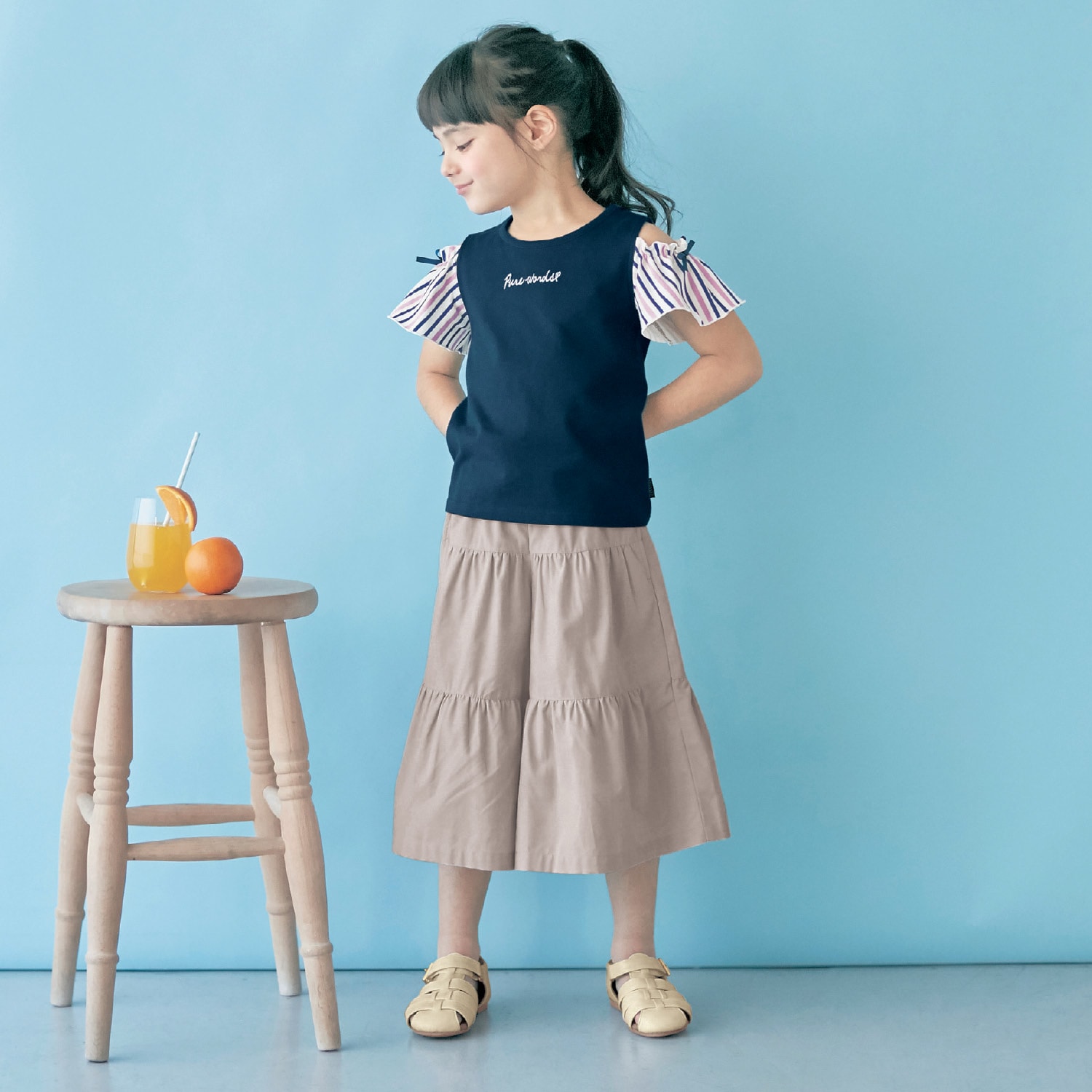 オープンショルダー袖リボン半袖子供Tシャツ【女の子】の通販