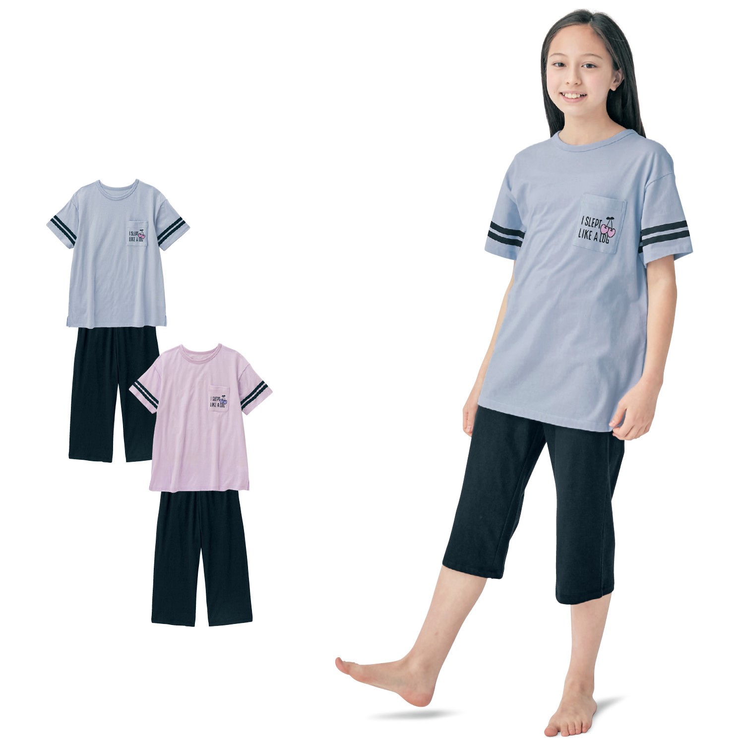 【ジータ/GITA】袖ラインポケットTシャツ & 七分丈パンツ綿素材パジャマ 【子供パジャマ】