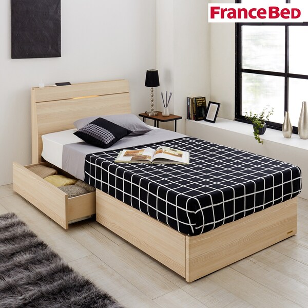 【フランスベッド】LED間接照明・コンセント付き引出し収納シンプルモダンベッド