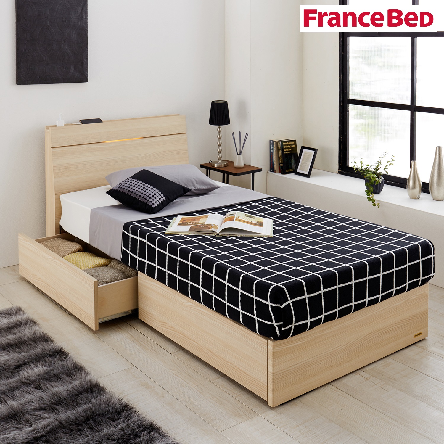 【フランスベッド】LED間接照明・コンセント付き引出し収納シンプルモダンベッド 【フランスベッド】LED間接照明・コンセント付き引出し収納シンプルモダンベッド