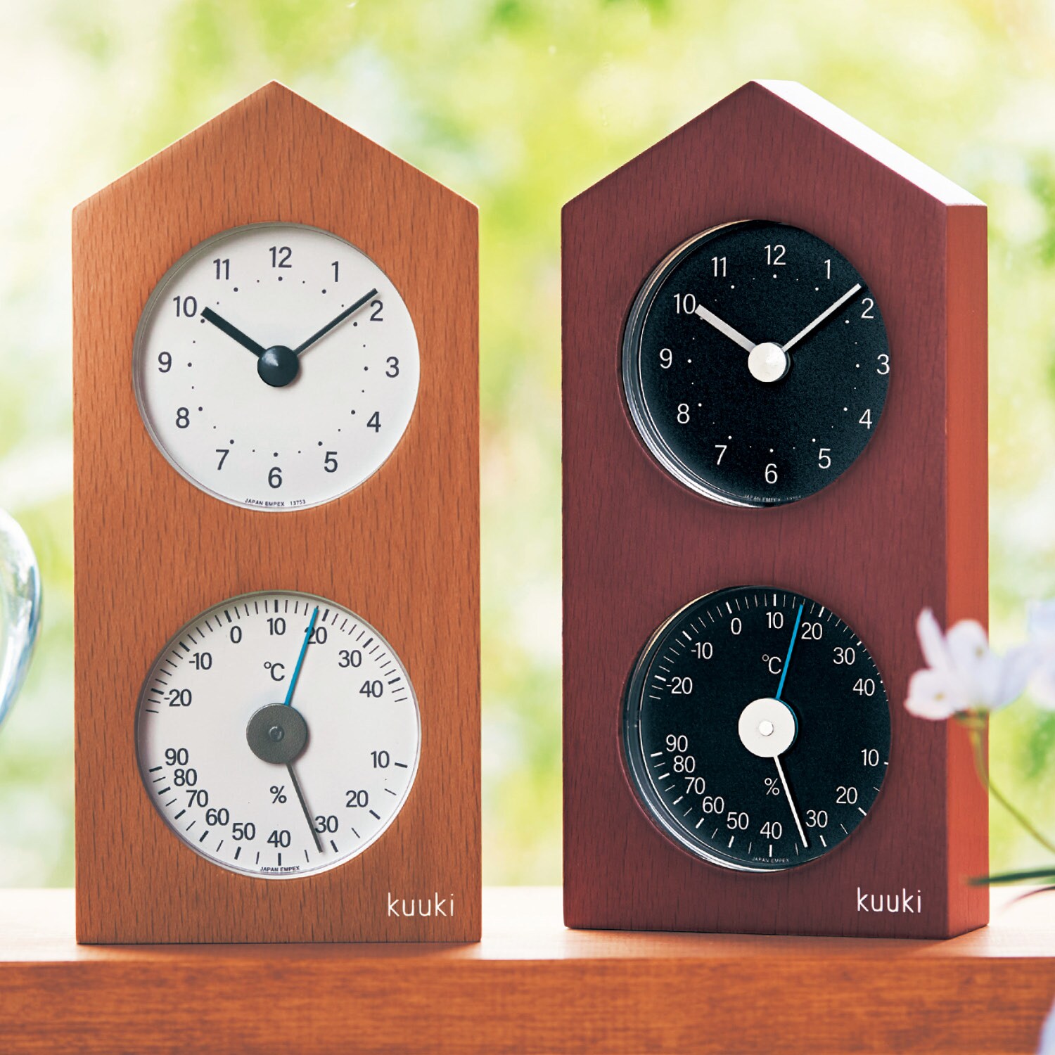 【ベルメゾン】卓上サイズの木製の時計 & 温湿度計[日本製]
