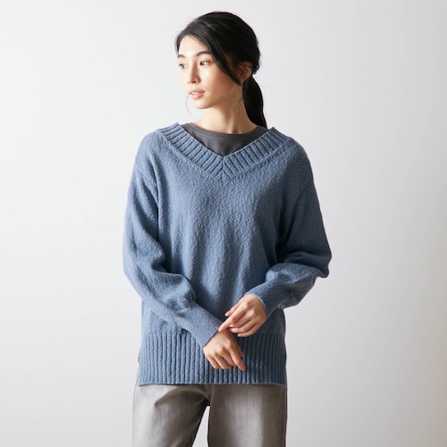 【3月31日(金)販売終了】 スラブコットンVネックロングニット