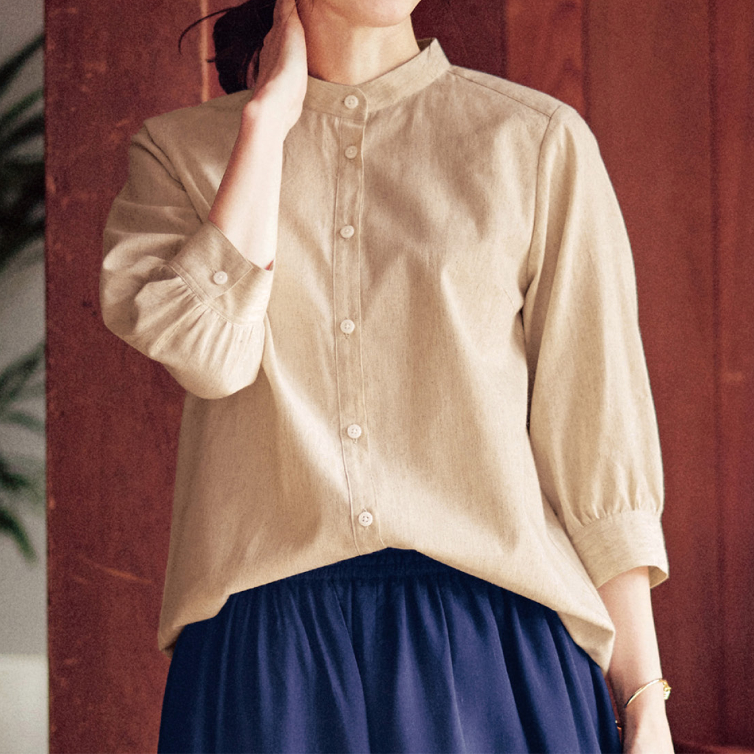 麻混オーガニックコットン素材の7分袖スタンドカラーチュニックシャツ 日本製 花笑むとき Hana Emu Toki 通販のベルメゾンネット 麻混オーガニックコットン素材の7分袖スタンドカラーチュニックシャツ 日本製 花笑むとき Hana Emu Toki 通販のベルメゾンネット