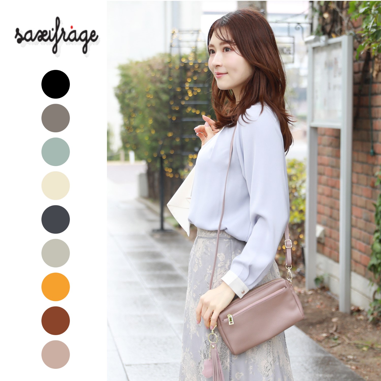 【サクシフラージュ/saxifrage】タッセルチャーム付き本革ショルダーバッグ